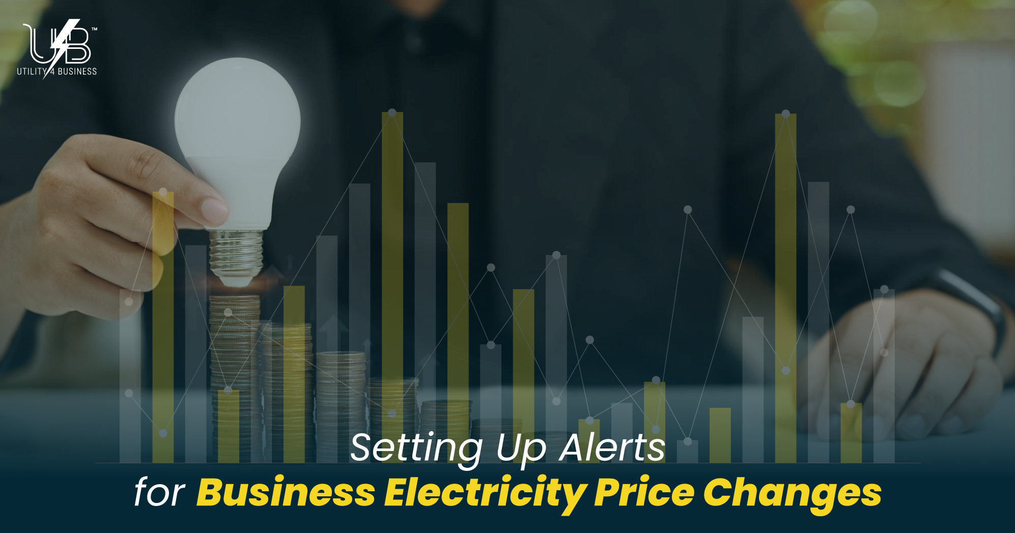 UK business electricity price alerts and comparison by Alt Text; hand with lightbulb, coins, charts; plan renewals, cut costs